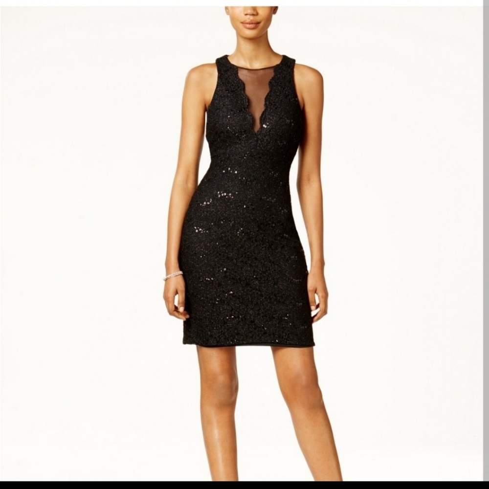 Black sequin mesh mini cocktail sleeveless dress